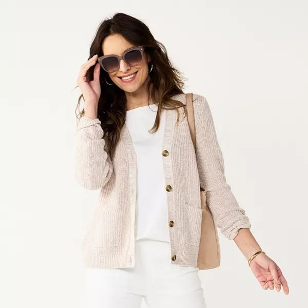 Croft & Barrow Cream Cardigan Sweater Ribbed Knit V-Neck